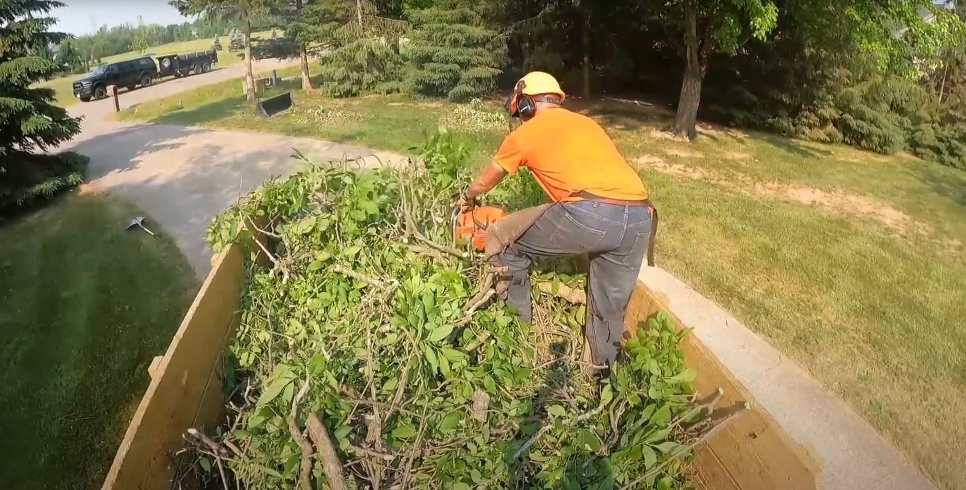 Arborist in safety gear using chainsaw for stump grinding service